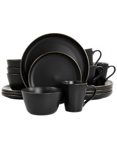 Elama Paul 16 Piece Stoneware Dinnerware Set in Matte Black with Gold Rim